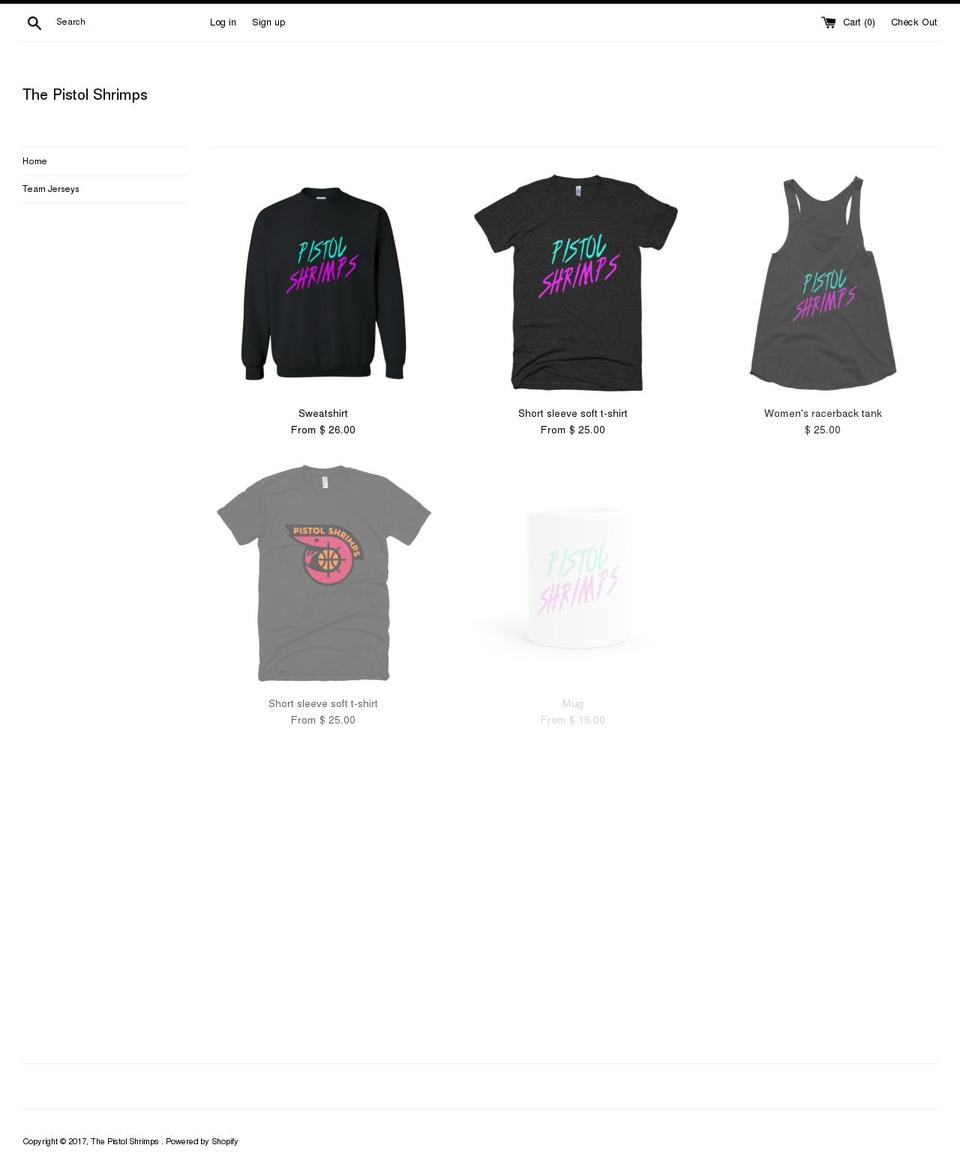 pistolshrimpsbasketball.com shopify website screenshot