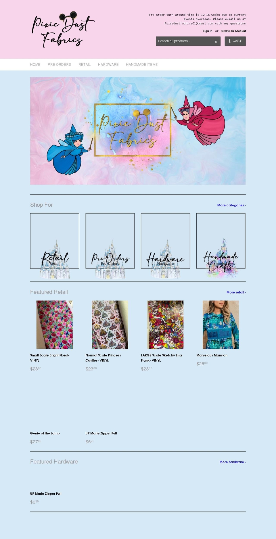 pixiedustfabrics.com shopify website screenshot