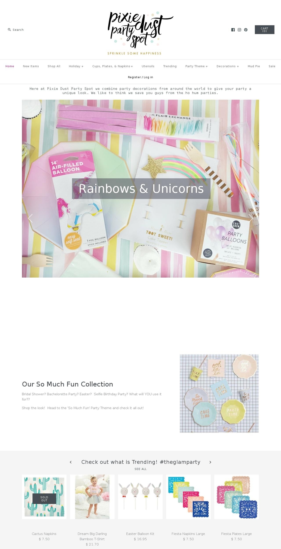 pixiedustpartyspot.com shopify website screenshot