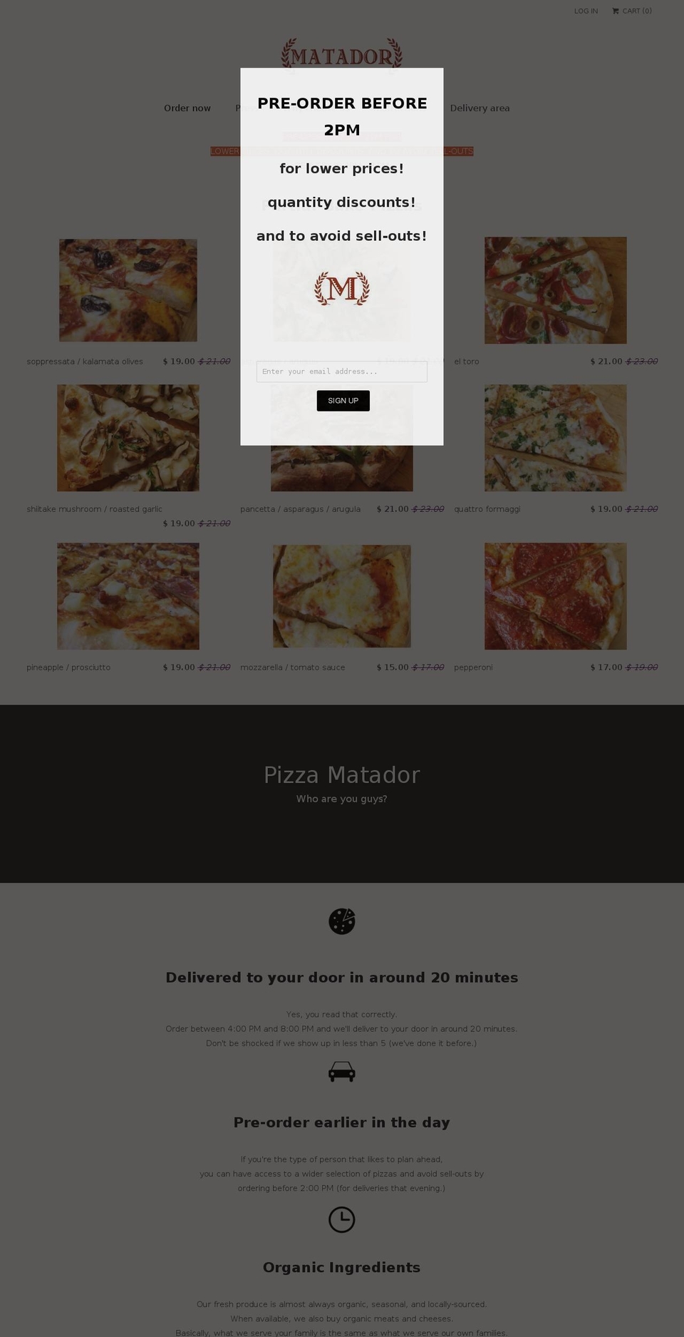 Venue Shopify theme site example pizzamatador.com