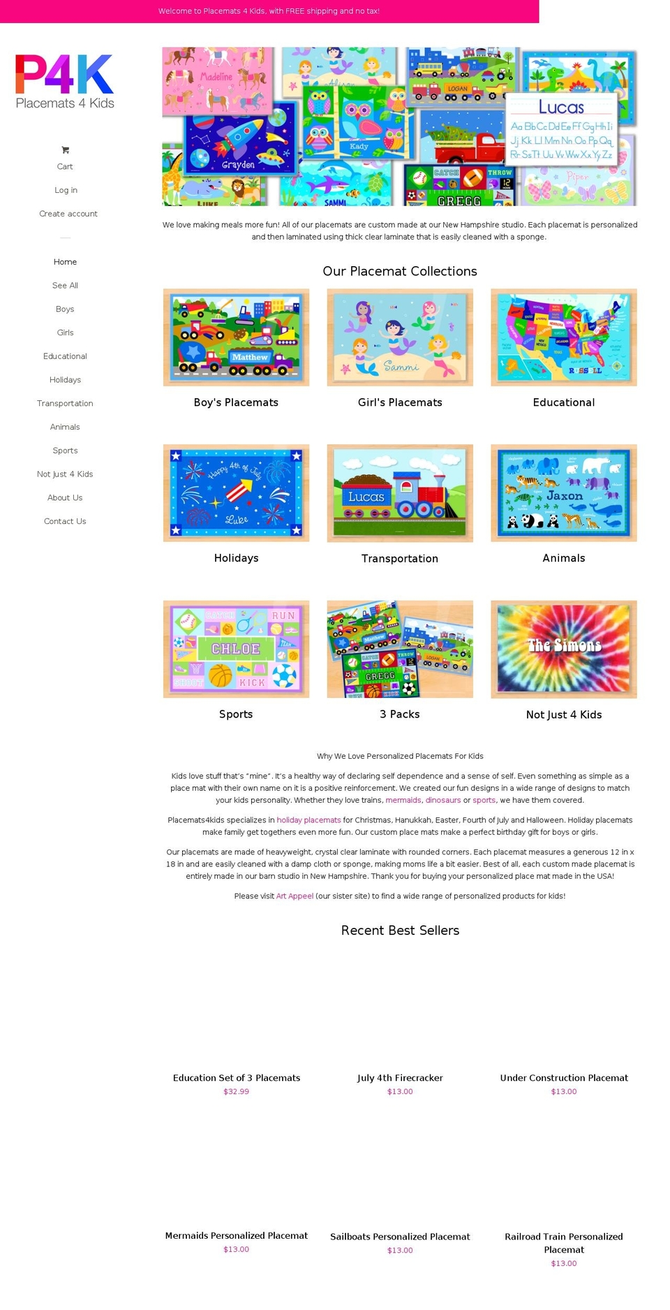placemats4kids.com shopify website screenshot