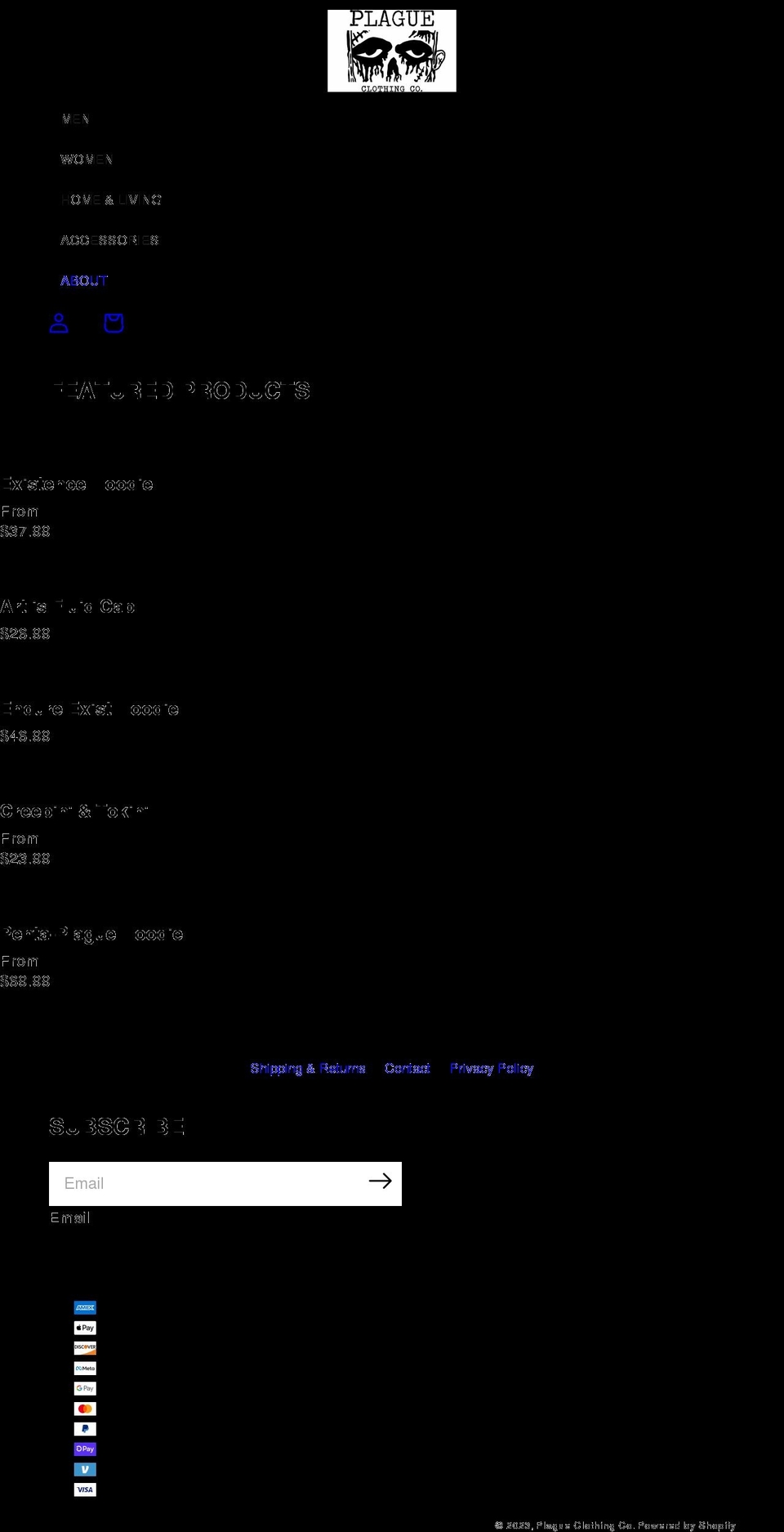 plagueclothingco.com — Shopify storefront screenshot