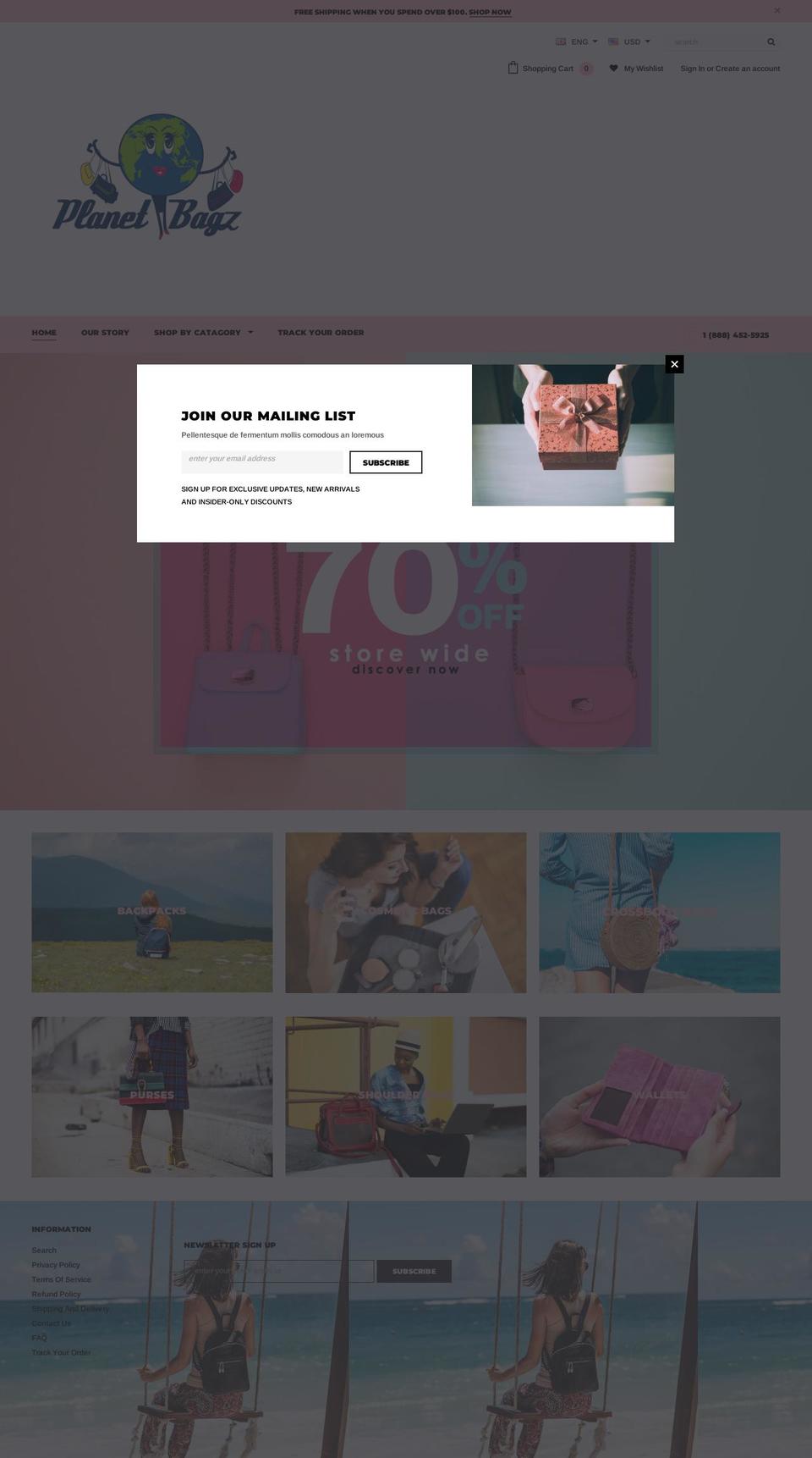 planetbagz.com shopify website screenshot