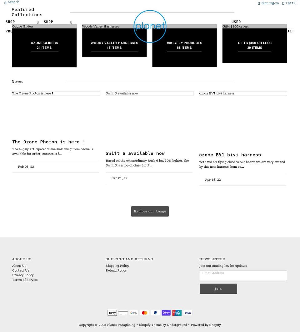 planetparagliding.com.au shopify website screenshot