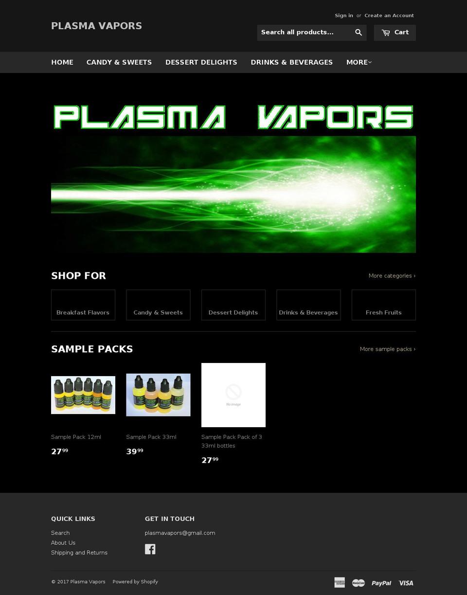 plasmavapors.com shopify website screenshot