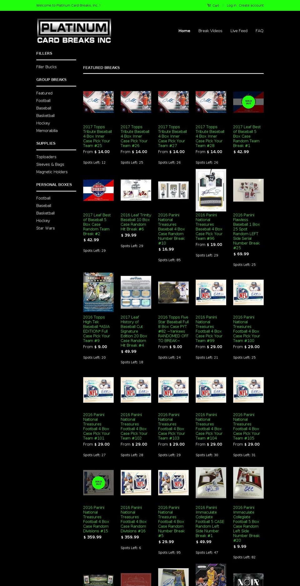 classic Shopify theme site example platinumcardbreaks.com