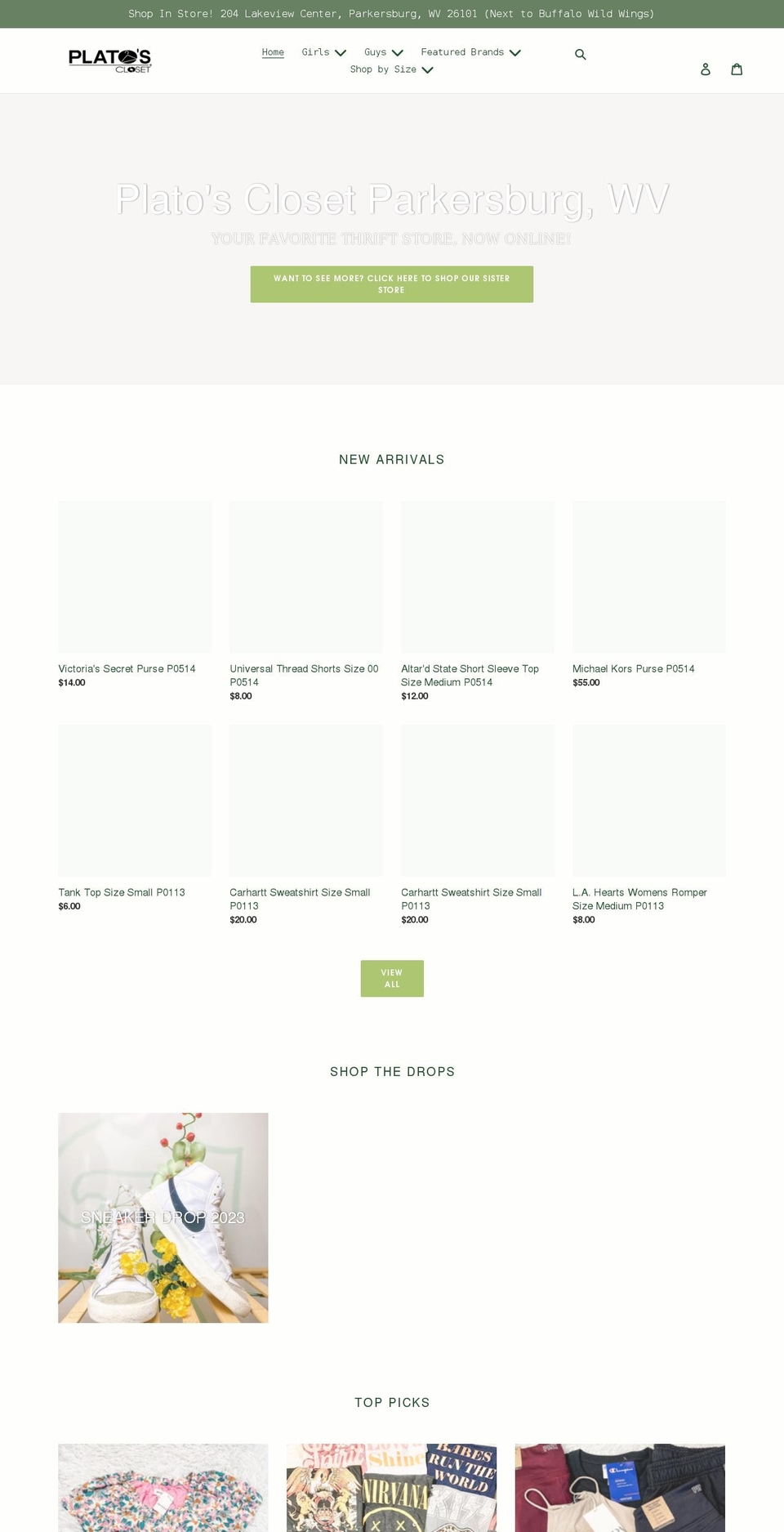 platosclosetparkersburgwvshop.com shopify website screenshot