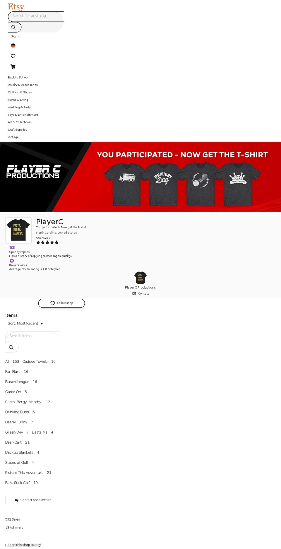 playercproductions.com shopify website screenshot