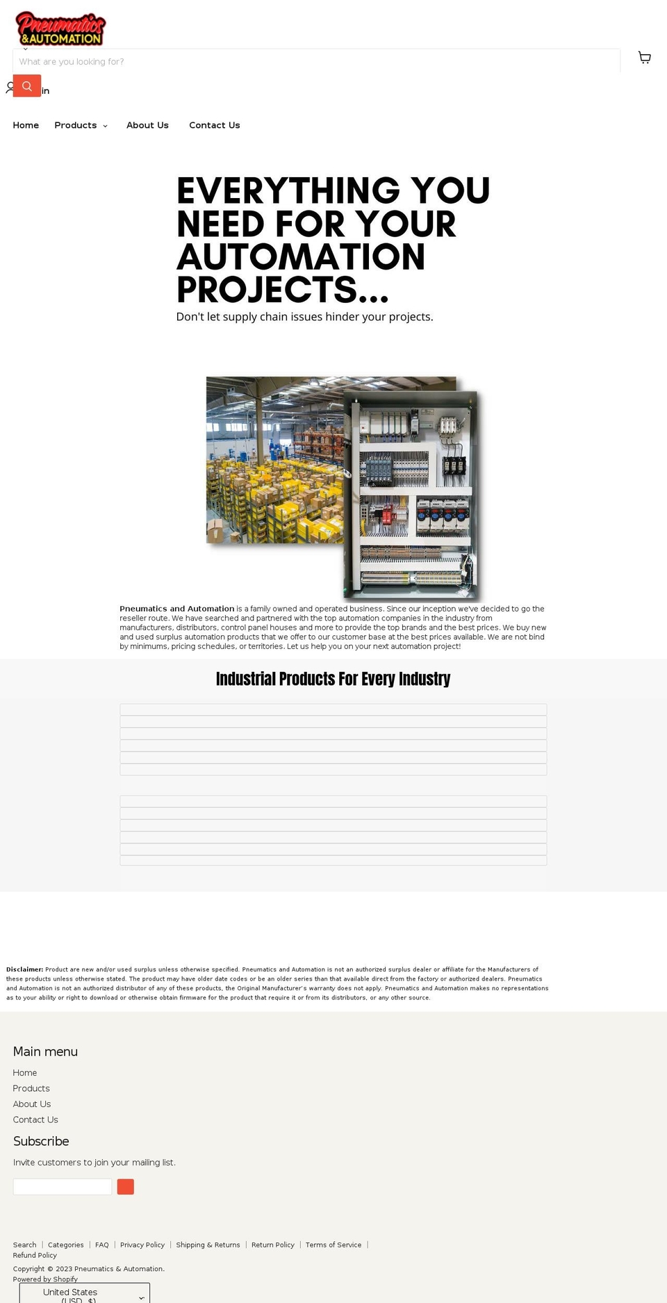 pneumaticsandautomation.com shopify website screenshot