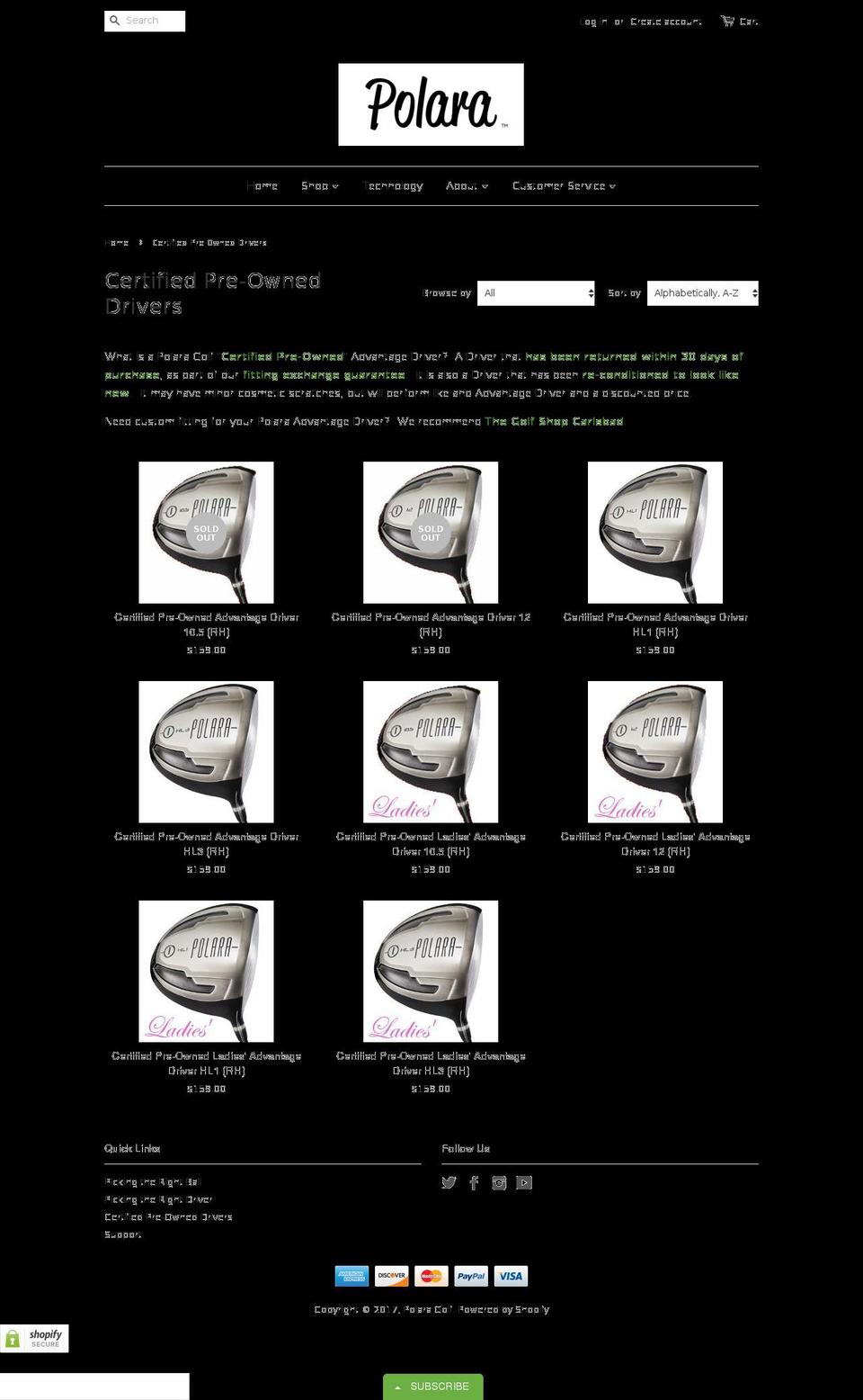 polaragolfcertifiedclubs.com shopify website screenshot
