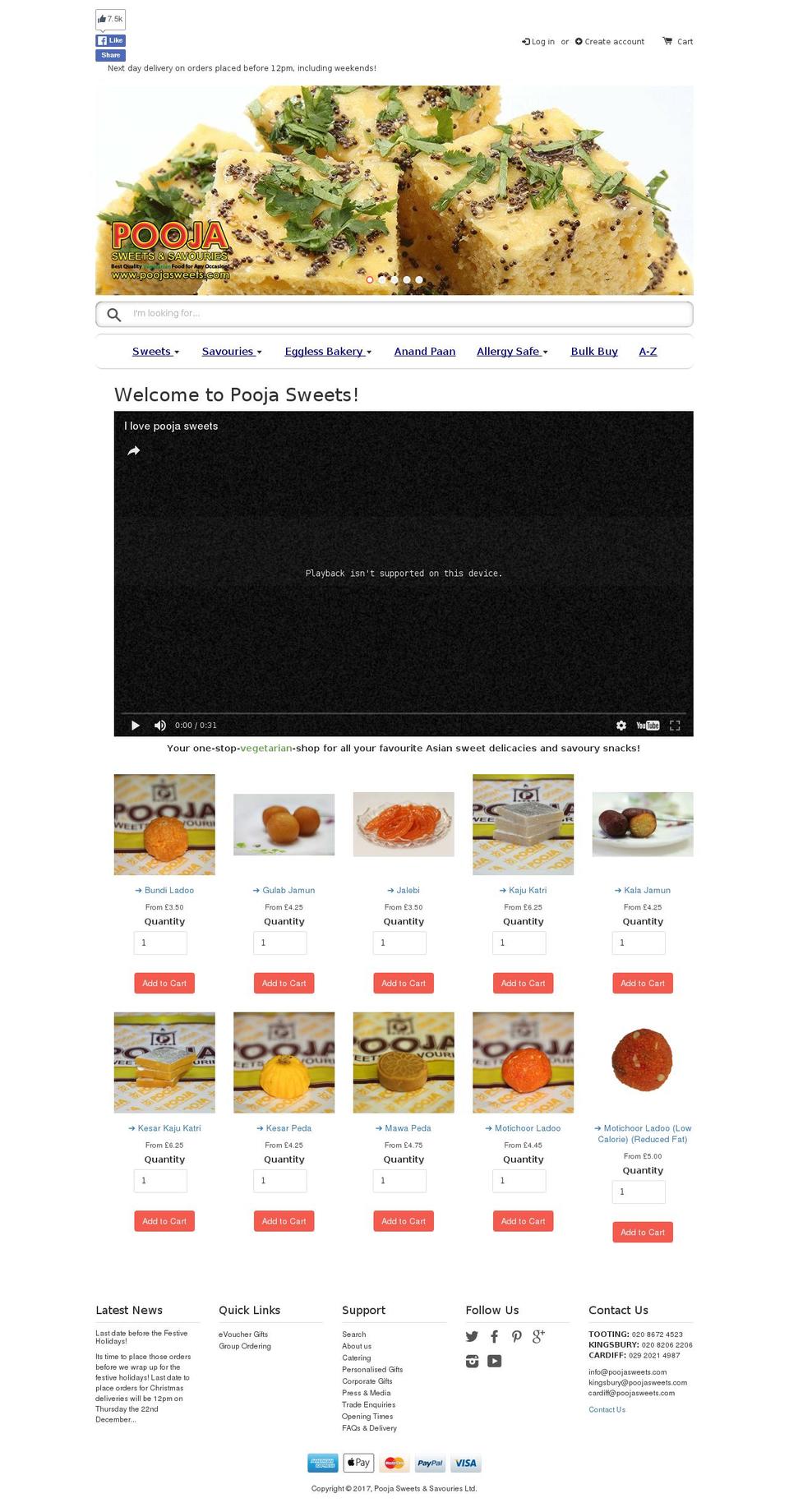 poojasweets.com shopify website screenshot