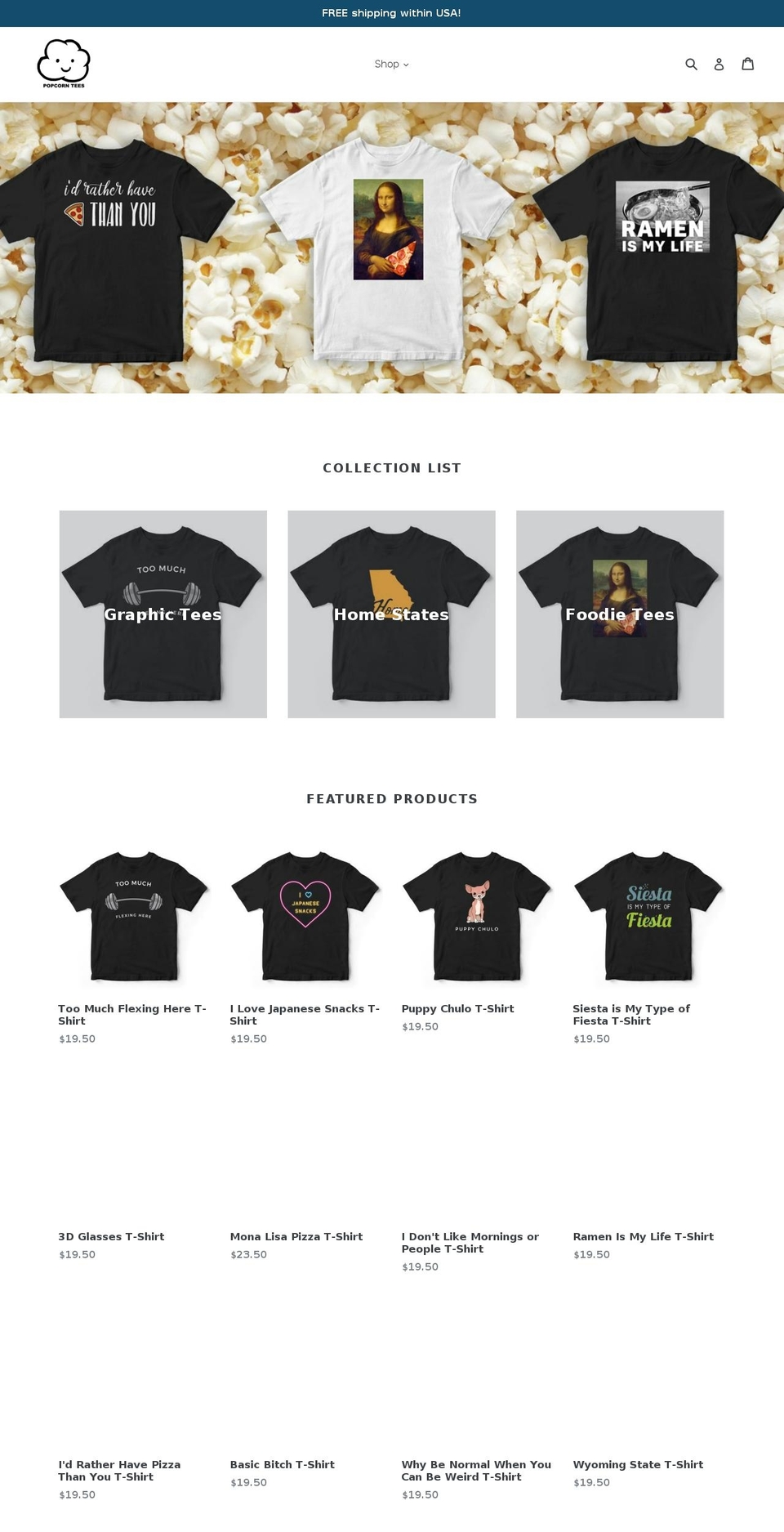 popcorntees.com — Shopify storefront screenshot