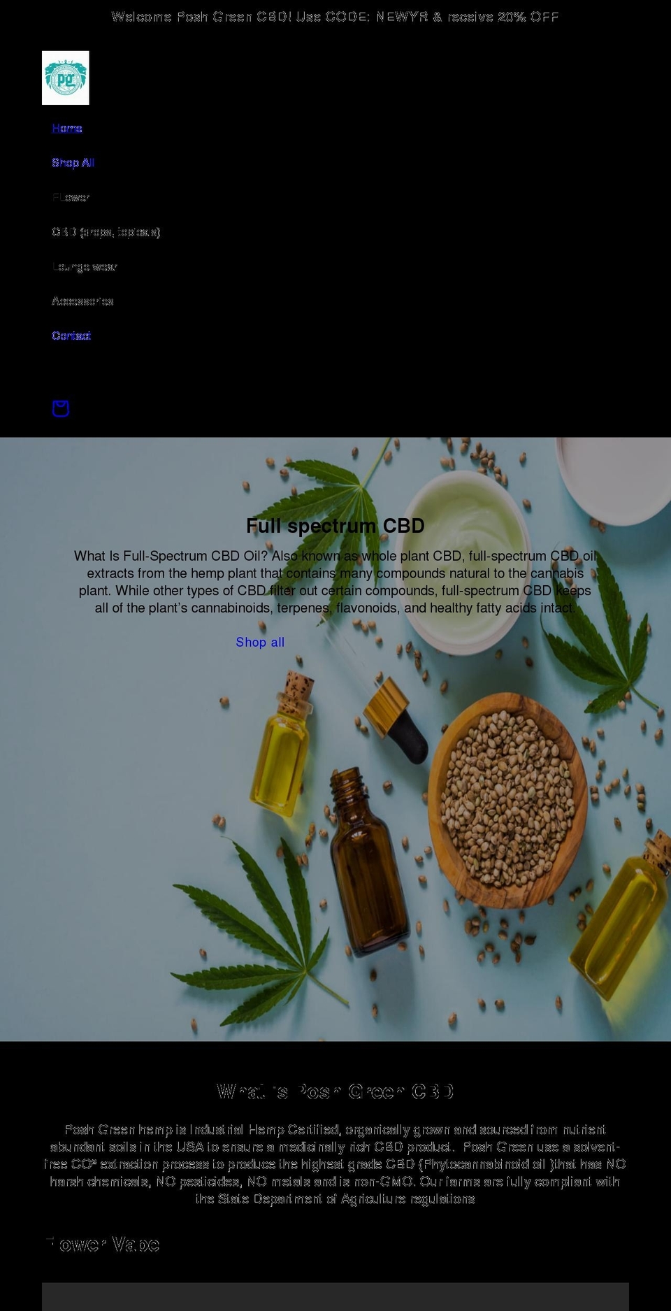 poshgreencbdlounge.com shopify website screenshot
