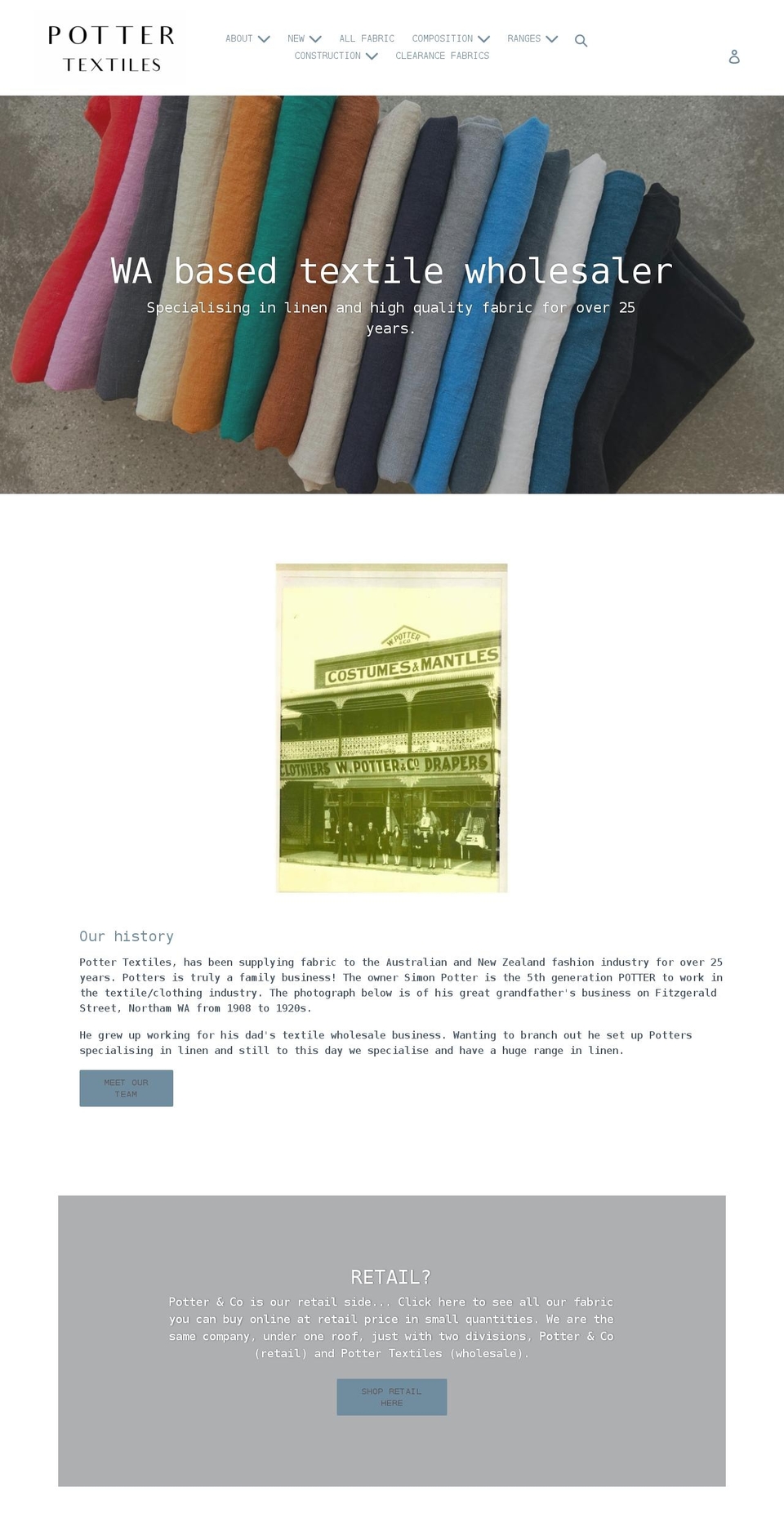 pottertextiles.net.au shopify website screenshot