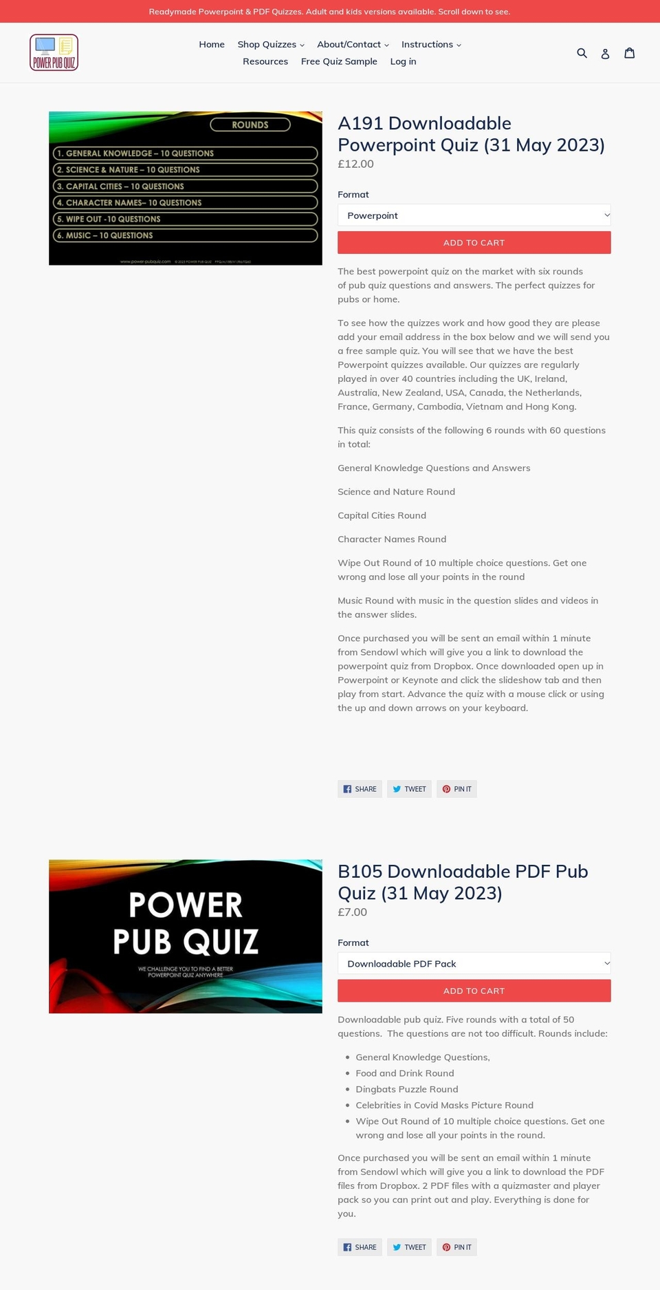 power-pubquiz.com — Shopify storefront screenshot