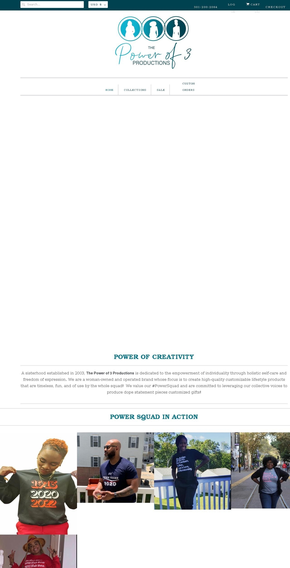 powerofthreeproductions.com shopify website screenshot