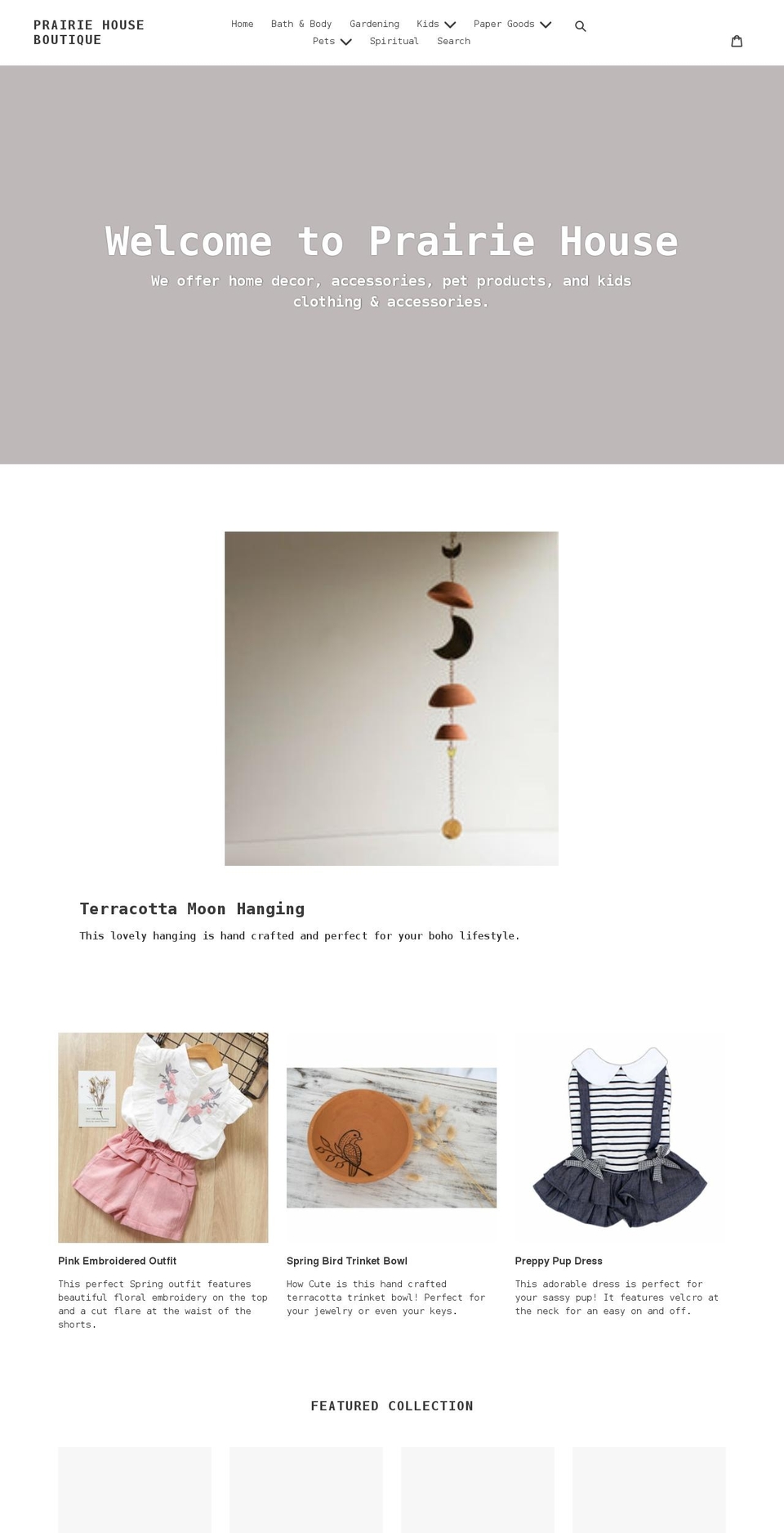 prairiehouseboutique.com shopify website screenshot