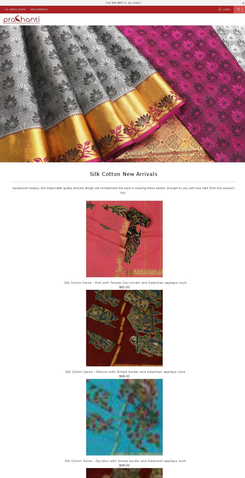 prashantisarees.com shopify website screenshot