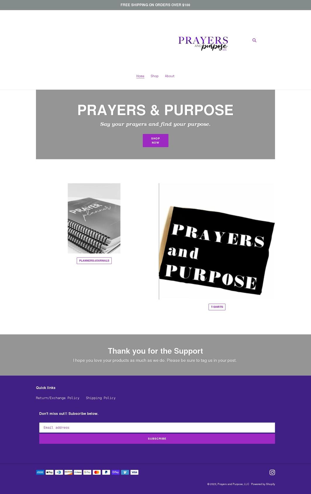 prayersandpurpose.com shopify website screenshot