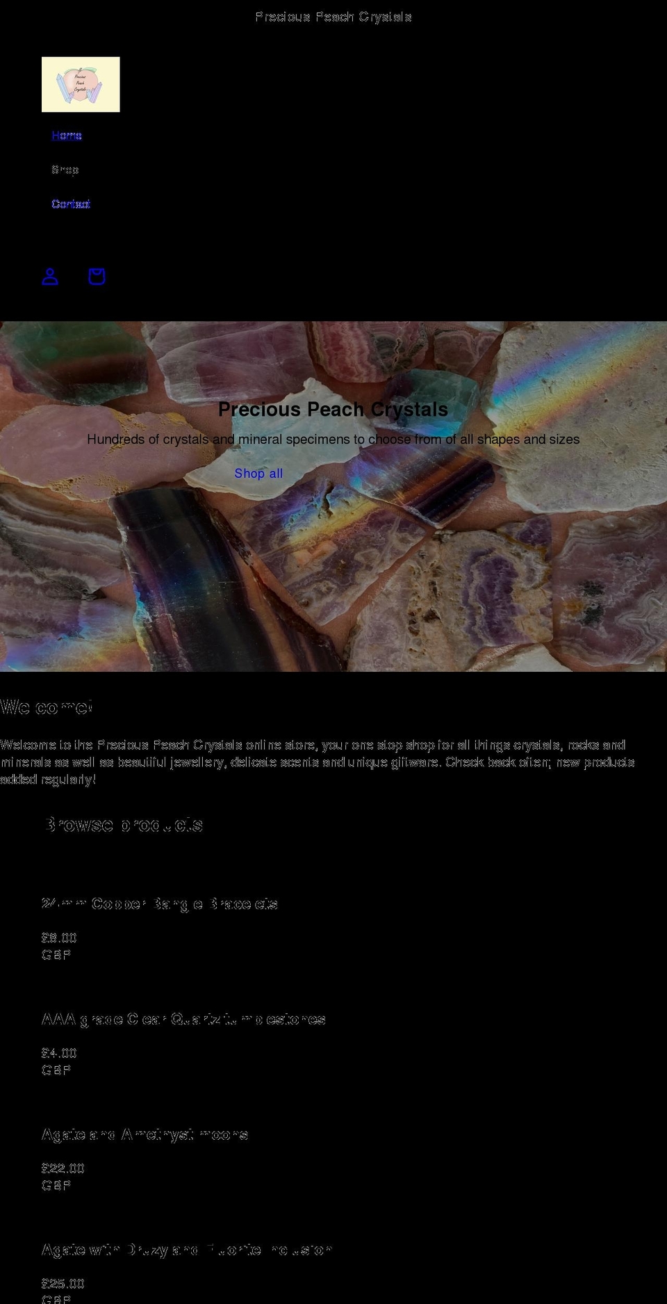 preciouspeachcrystals.co.uk shopify website screenshot