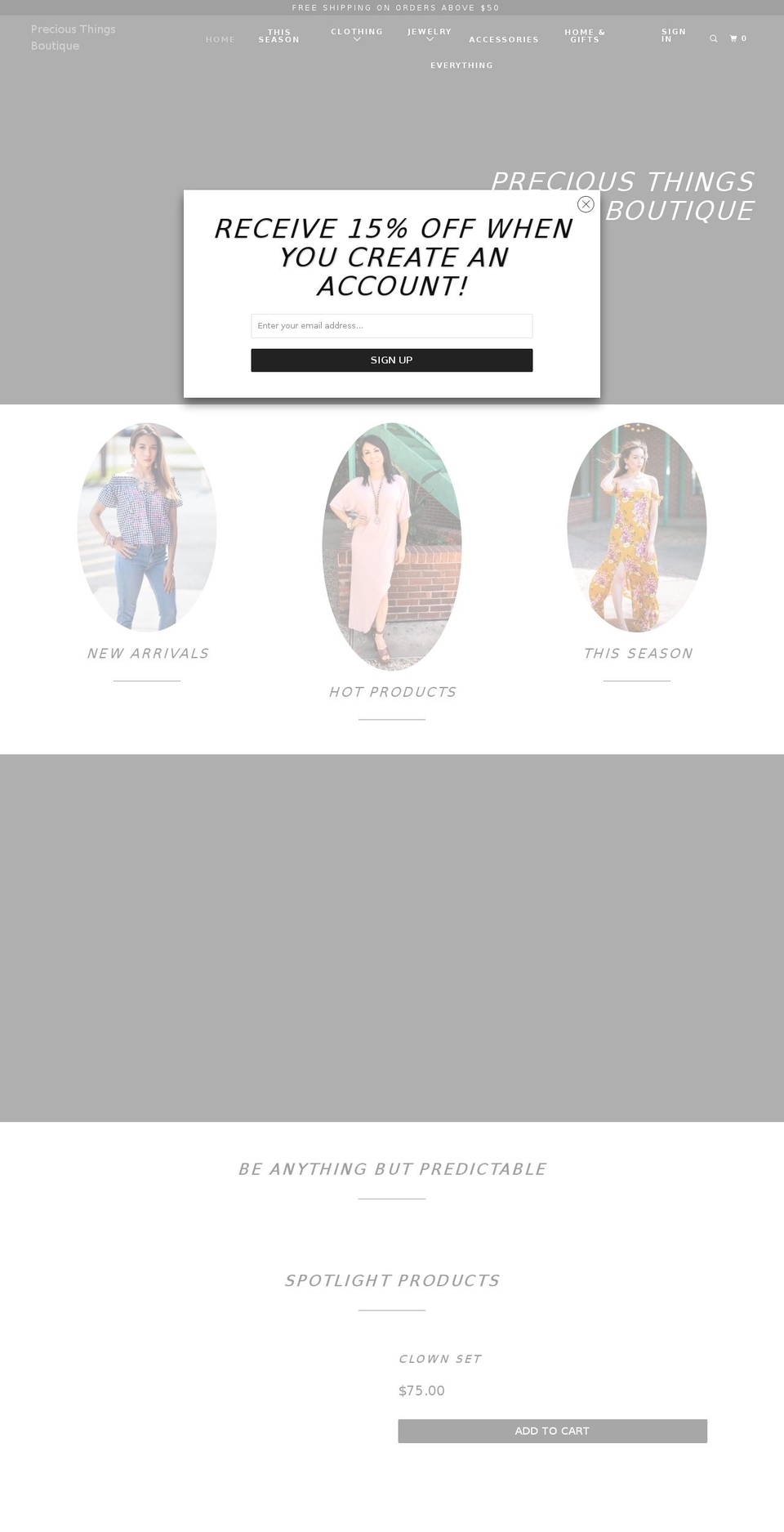 preciousthingsboutique.com — Shopify storefront screenshot