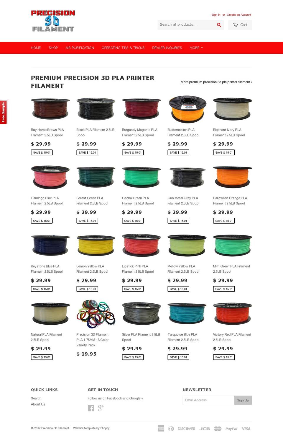precision3dfilament.com shopify website screenshot