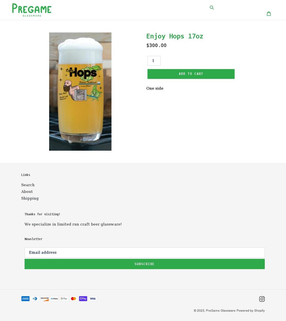 pregameglassware.com shopify website screenshot