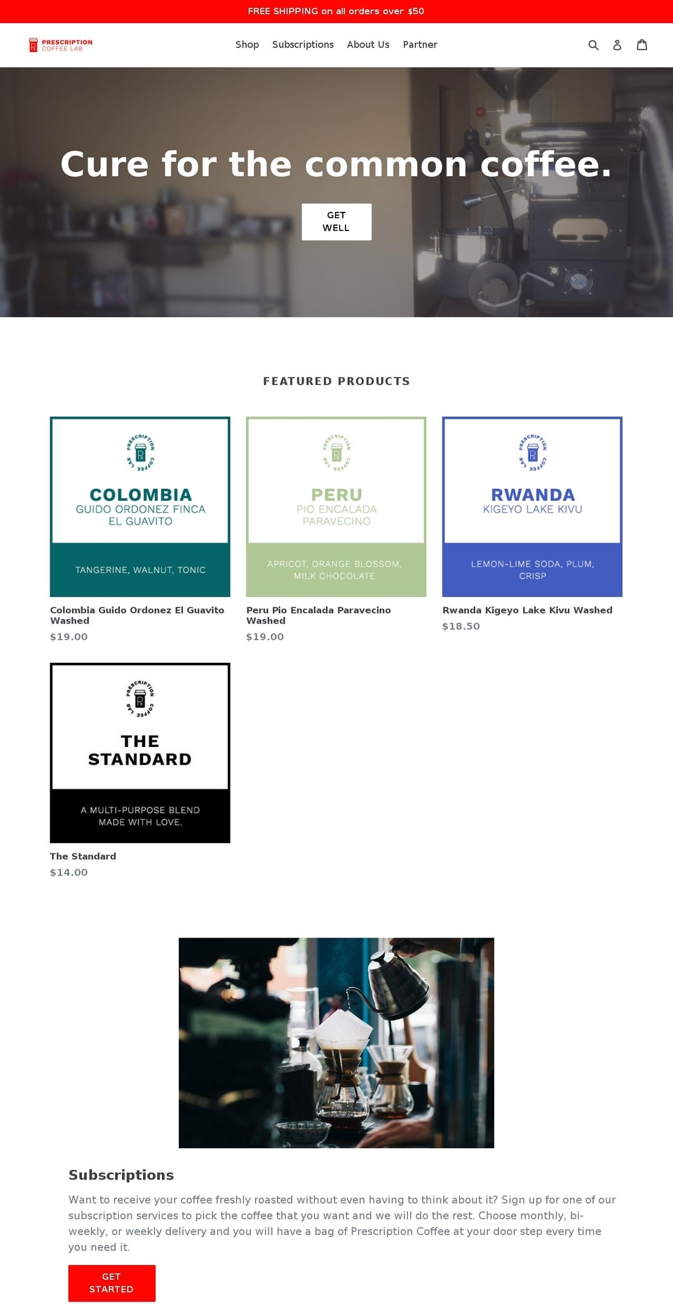 prescriptioncoffeelab.com — Shopify storefront screenshot