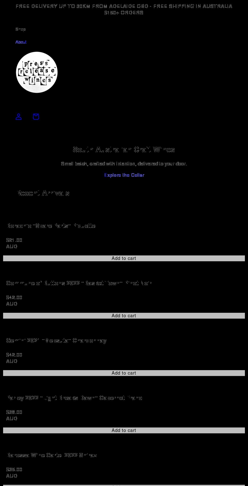 pressreleasewines.com shopify website screenshot