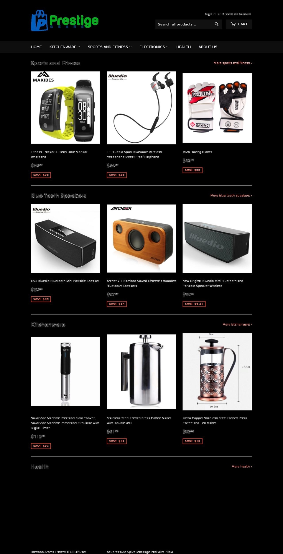 prestigegears.com — Shopify storefront screenshot