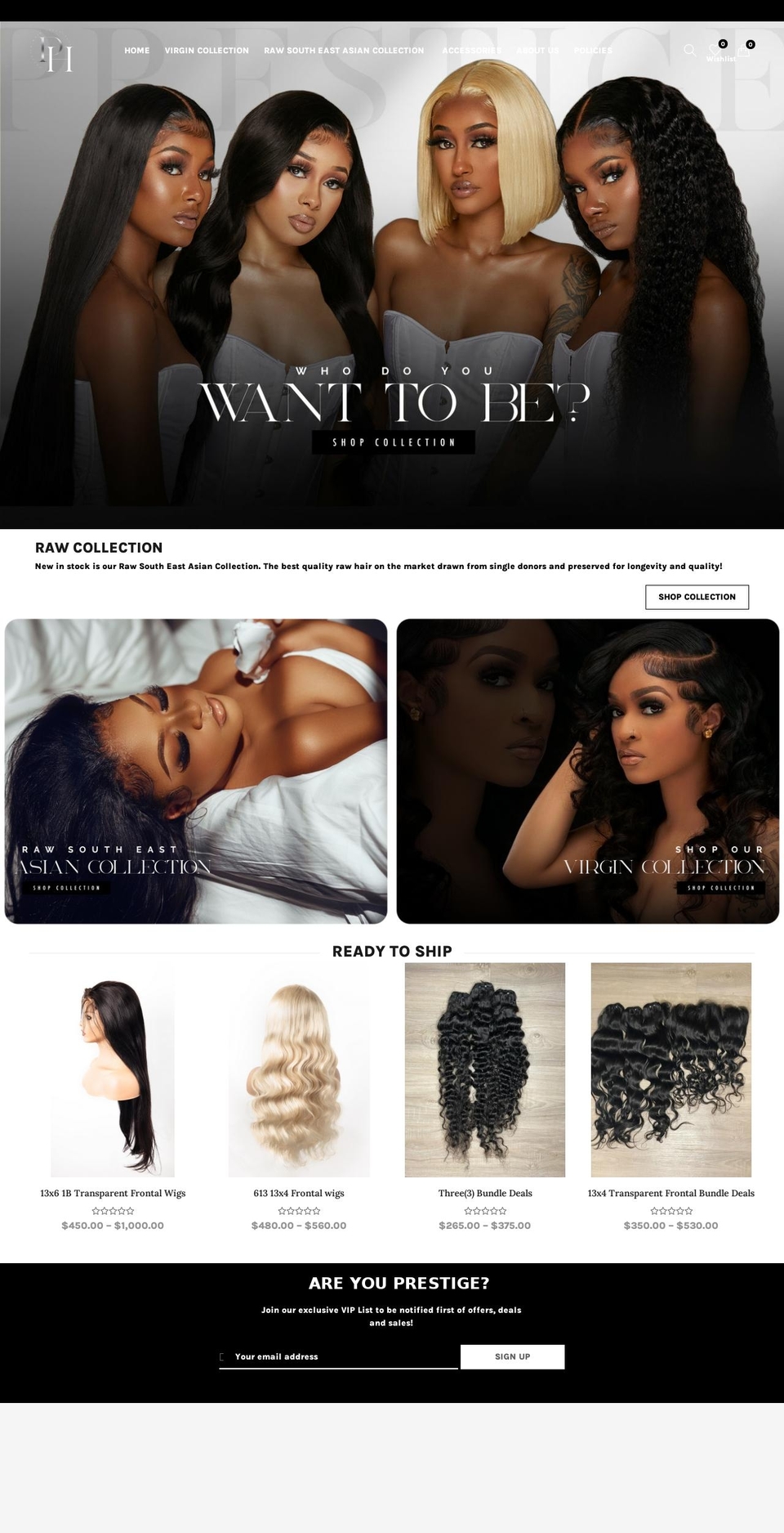 prestigehaircollection.store shopify website screenshot