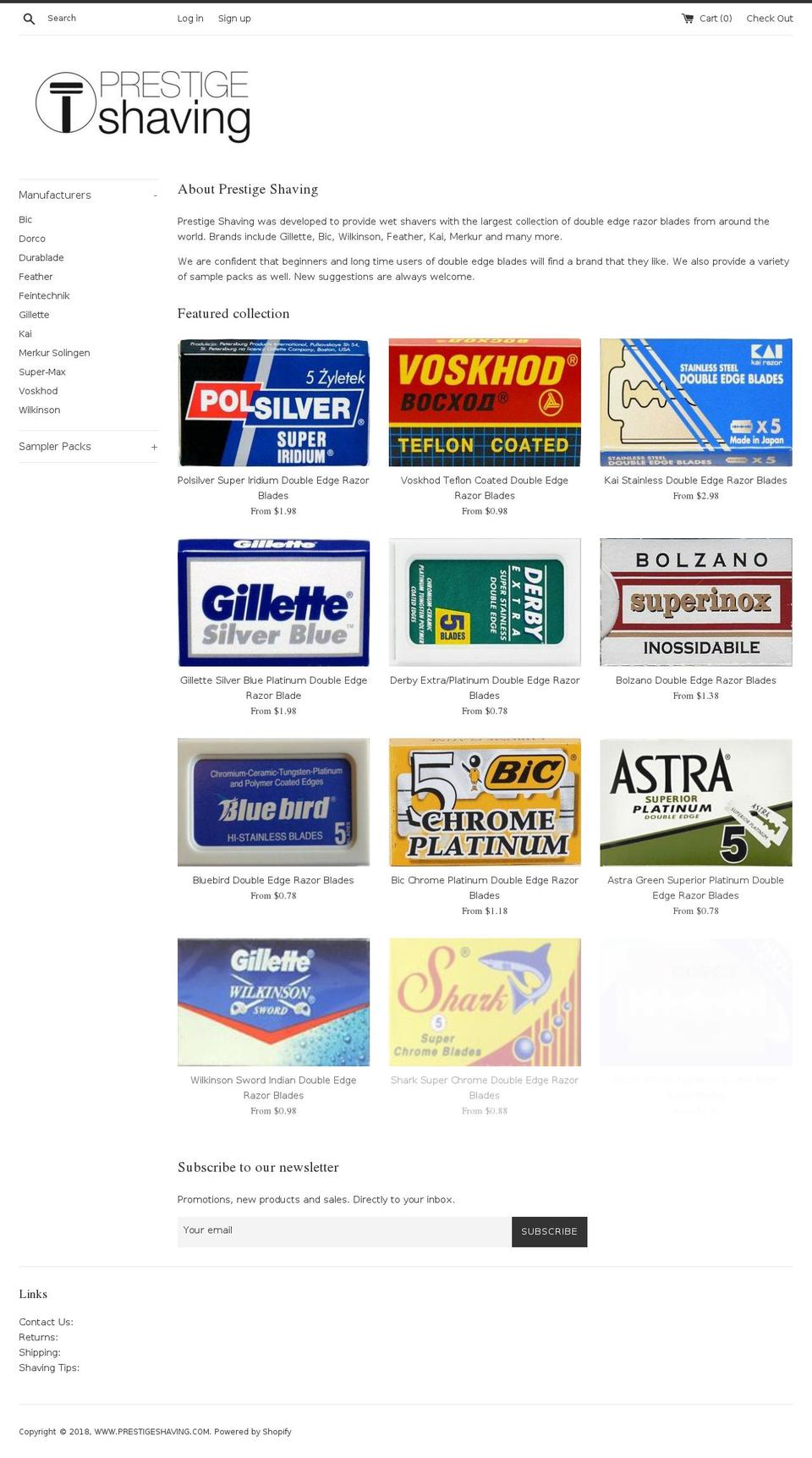 prestigeshaving.com shopify website screenshot