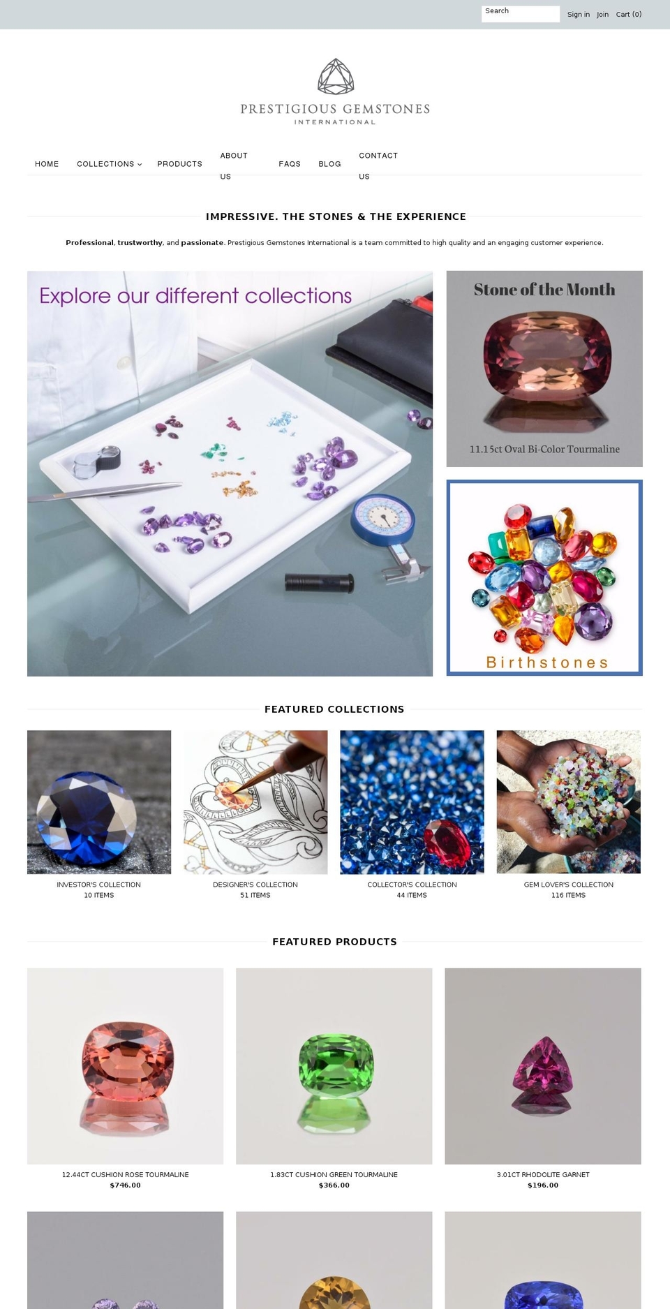 prestigiousgemstones.com — Shopify storefront screenshot