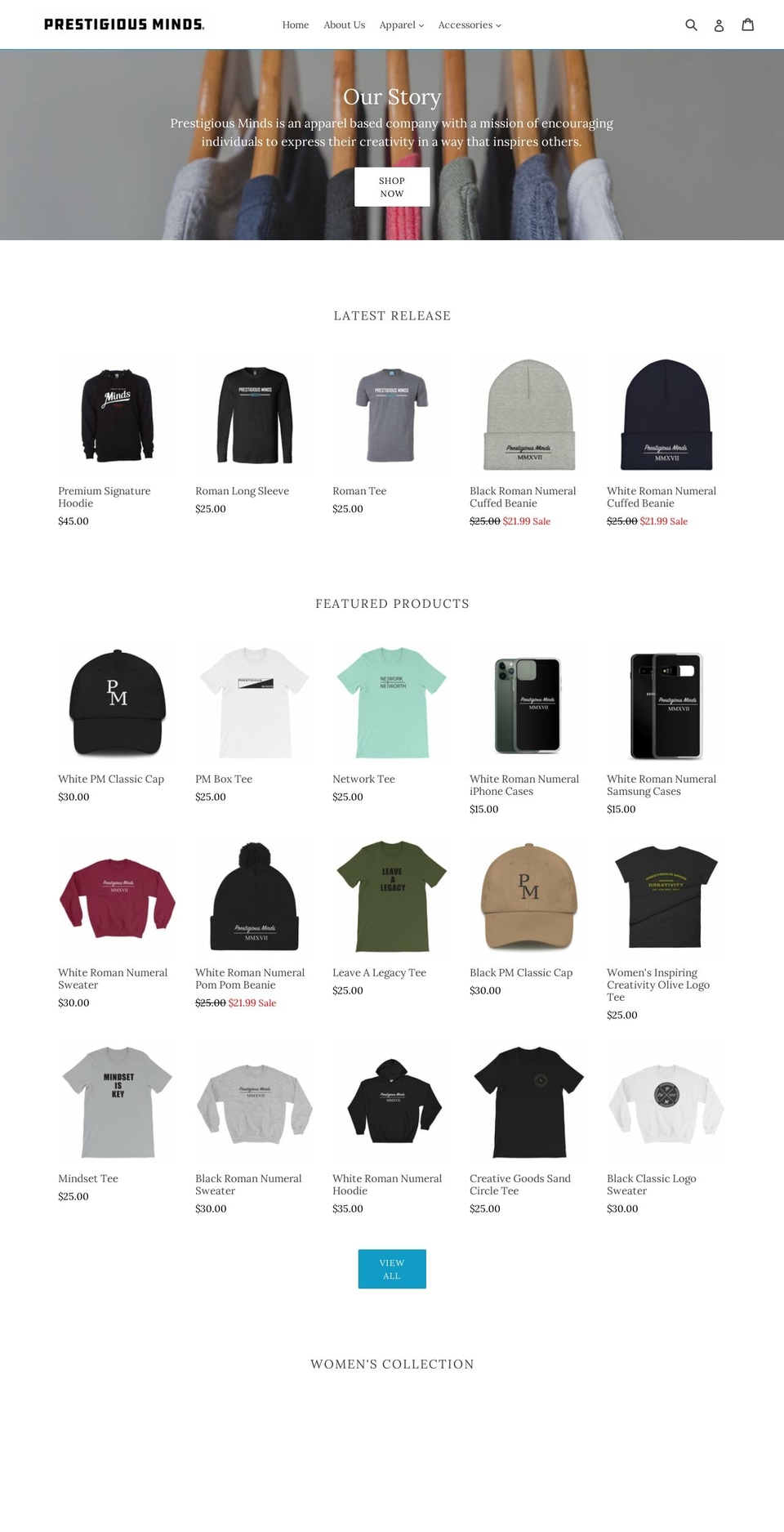 prestigiousmindsllc.com — Shopify storefront screenshot
