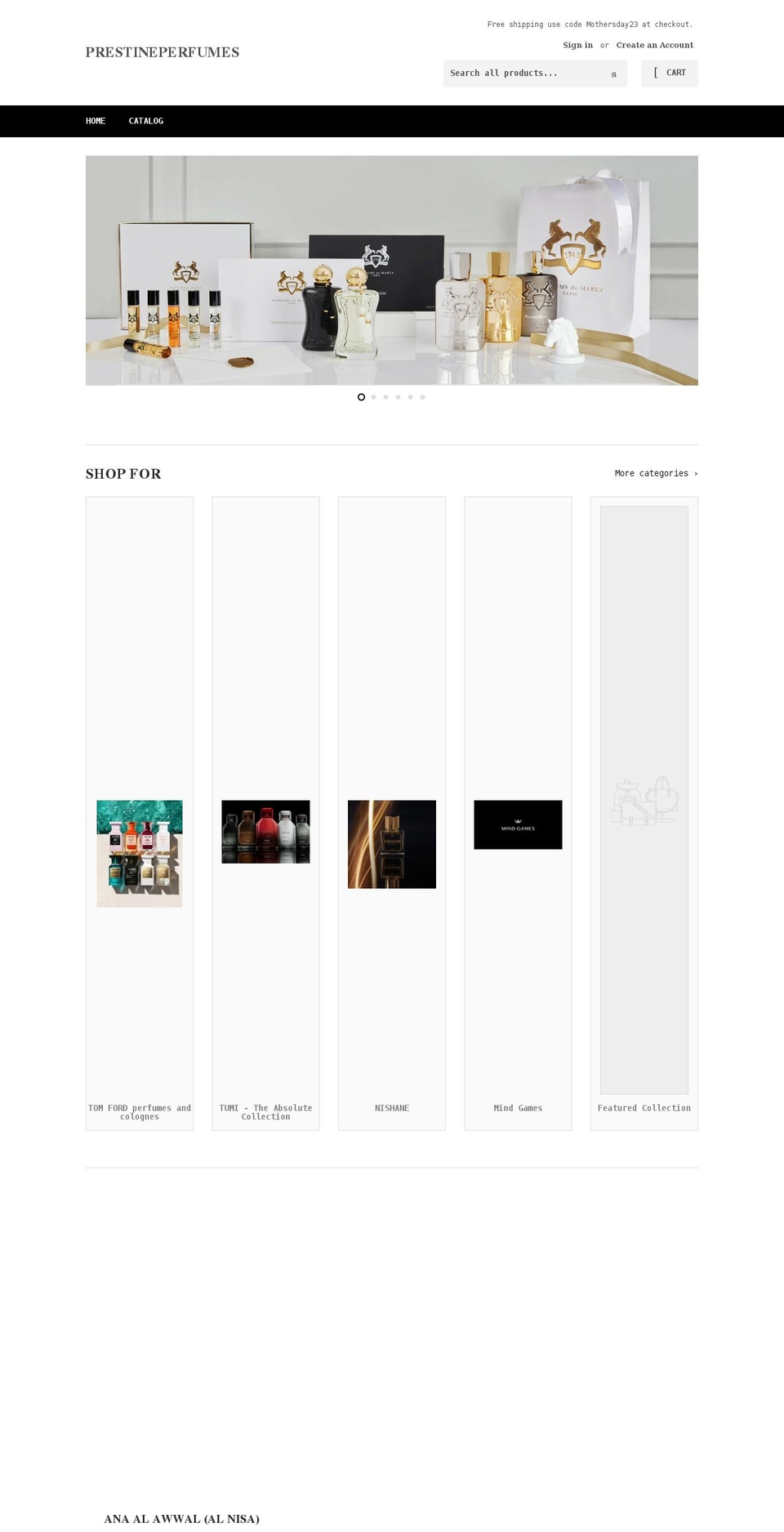 prestineperfumes.com shopify website screenshot