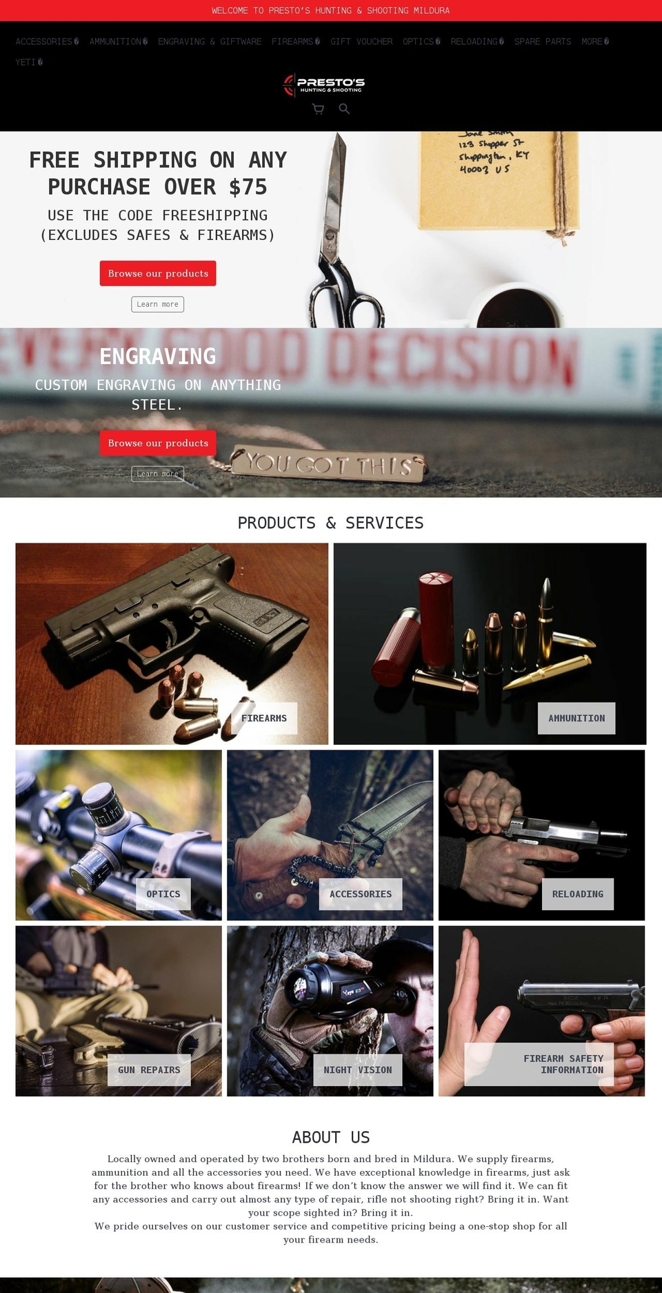 prestoshuntingandshooting.com.au shopify website screenshot