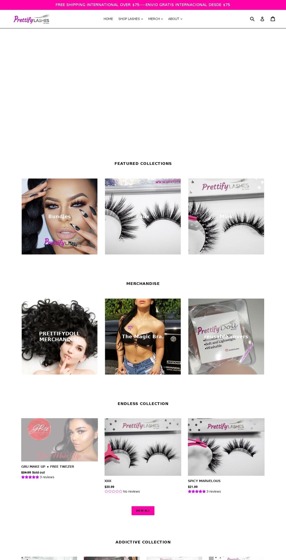prettifylashes.com shopify website screenshot