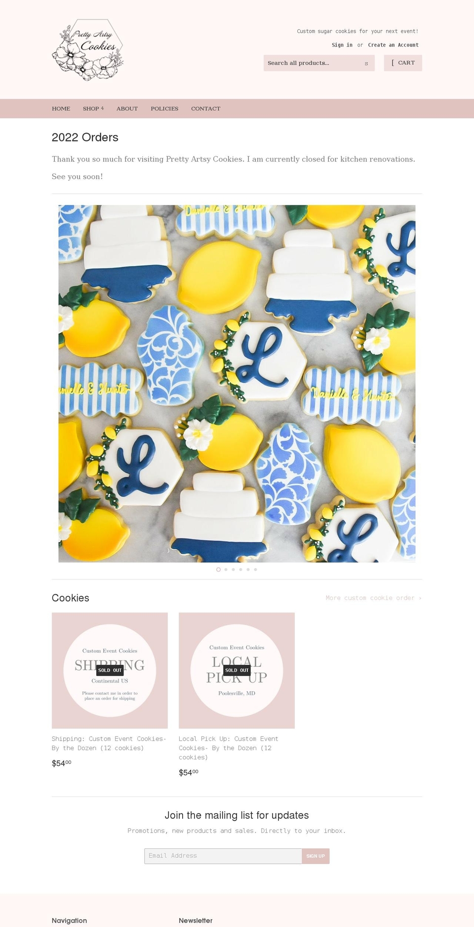 prettyartsycookies.com shopify website screenshot