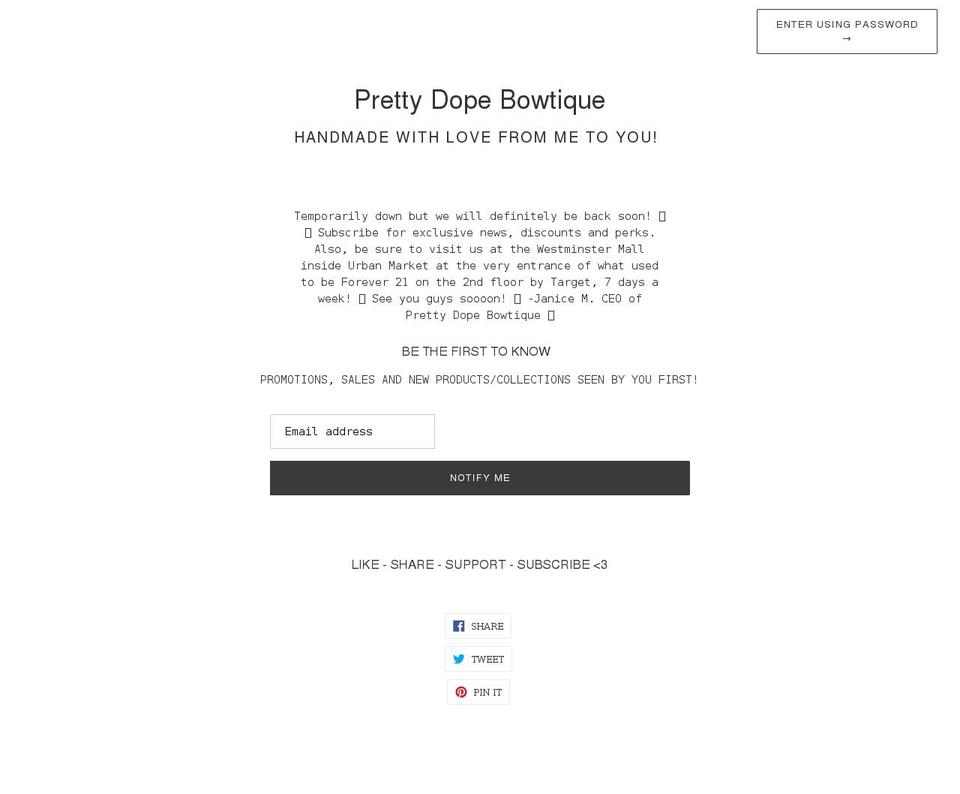 prettydopebowtique.com shopify website screenshot