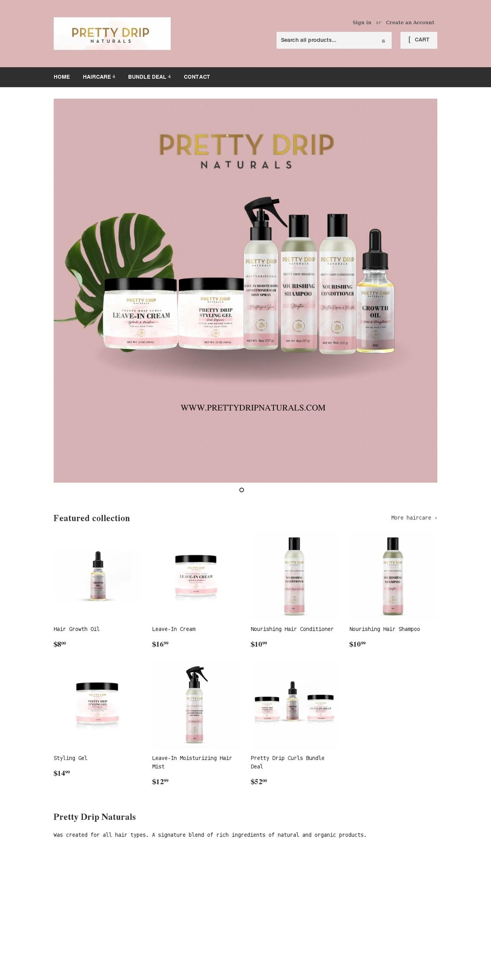 prettydripnaturals.com shopify website screenshot