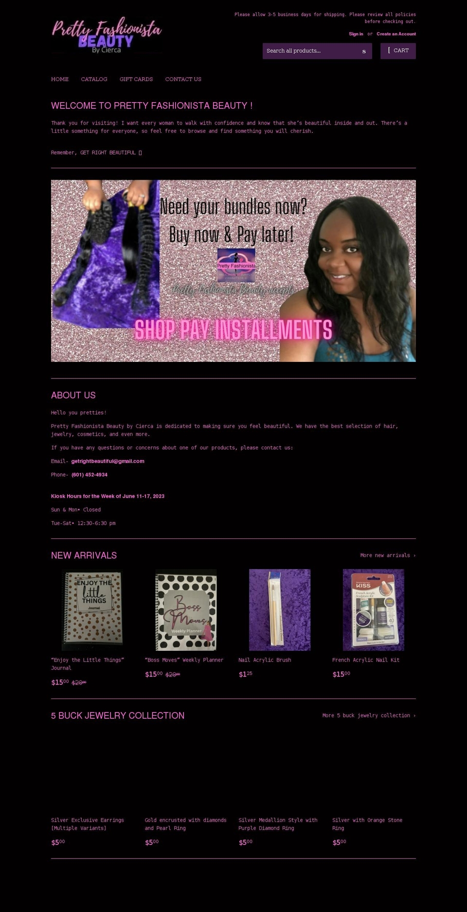 prettyfashionistabeauty.com shopify website screenshot
