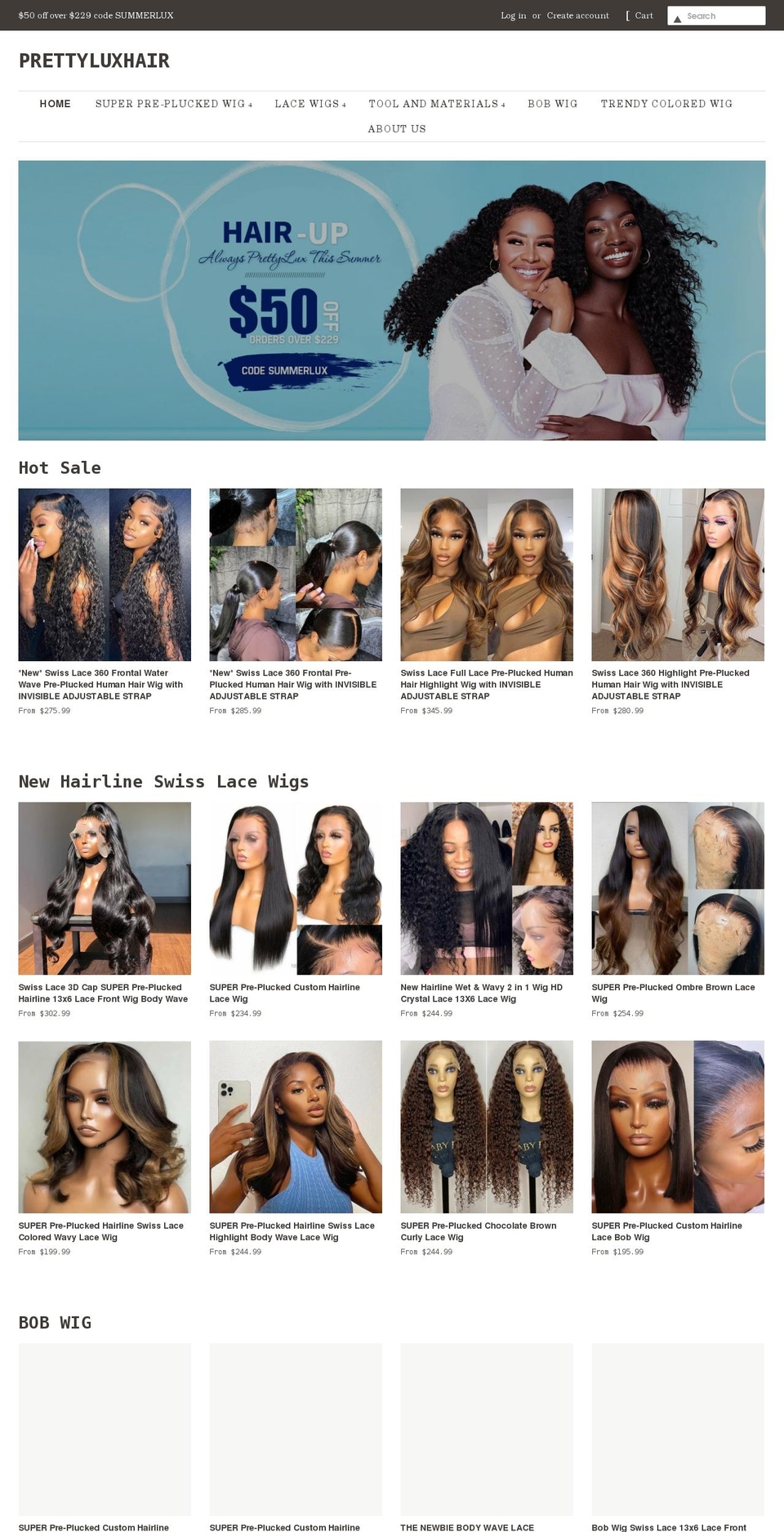 prettyluxhair.com shopify website screenshot
