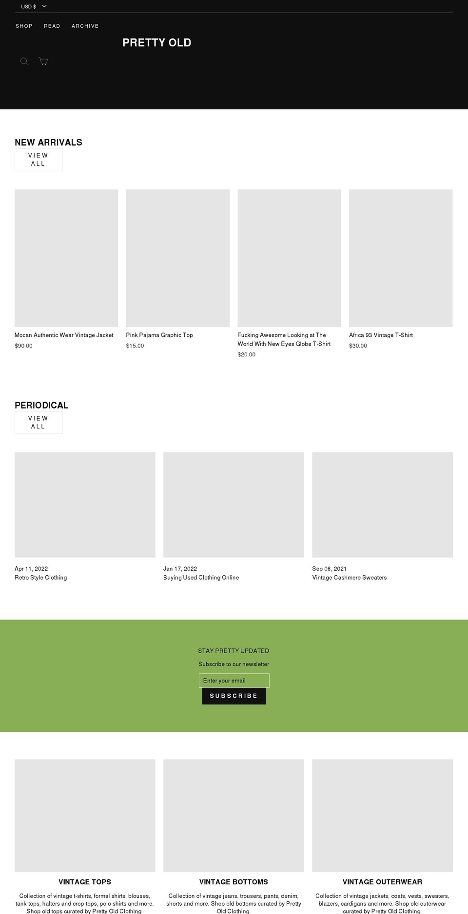 prettyoldclothing.com shopify website screenshot