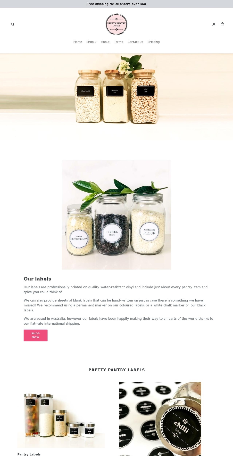 prettypantrylabels.com.au shopify website screenshot
