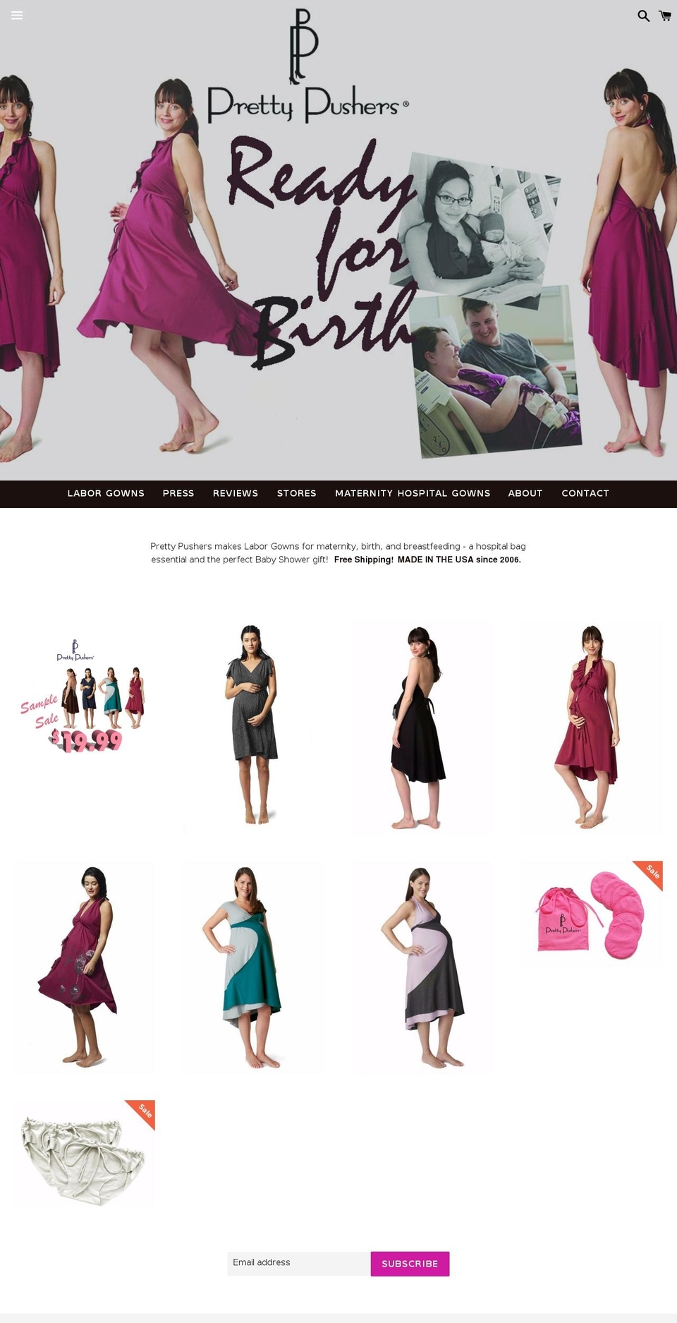 prettypushersbirthinggowns.com — Shopify storefront screenshot