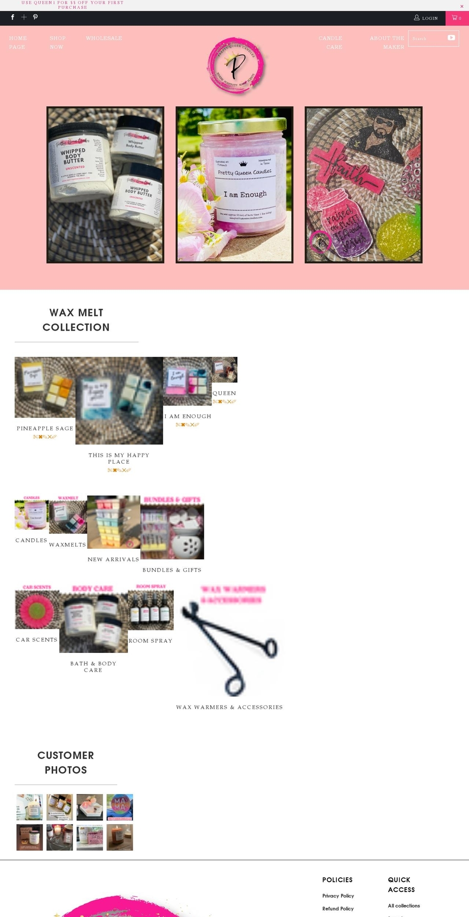 prettyqueencandles.com shopify website screenshot