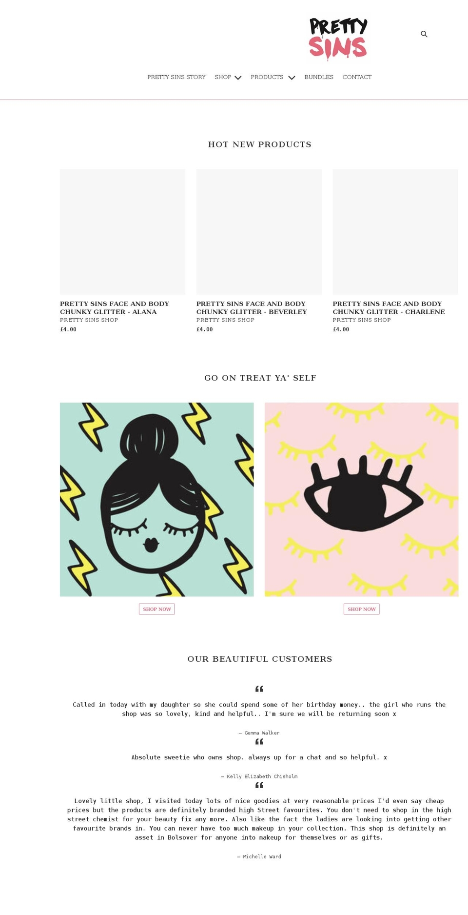 prettysins.com shopify website screenshot