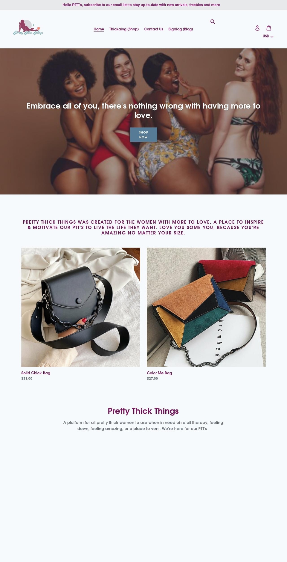 prettythickthings.com shopify website screenshot