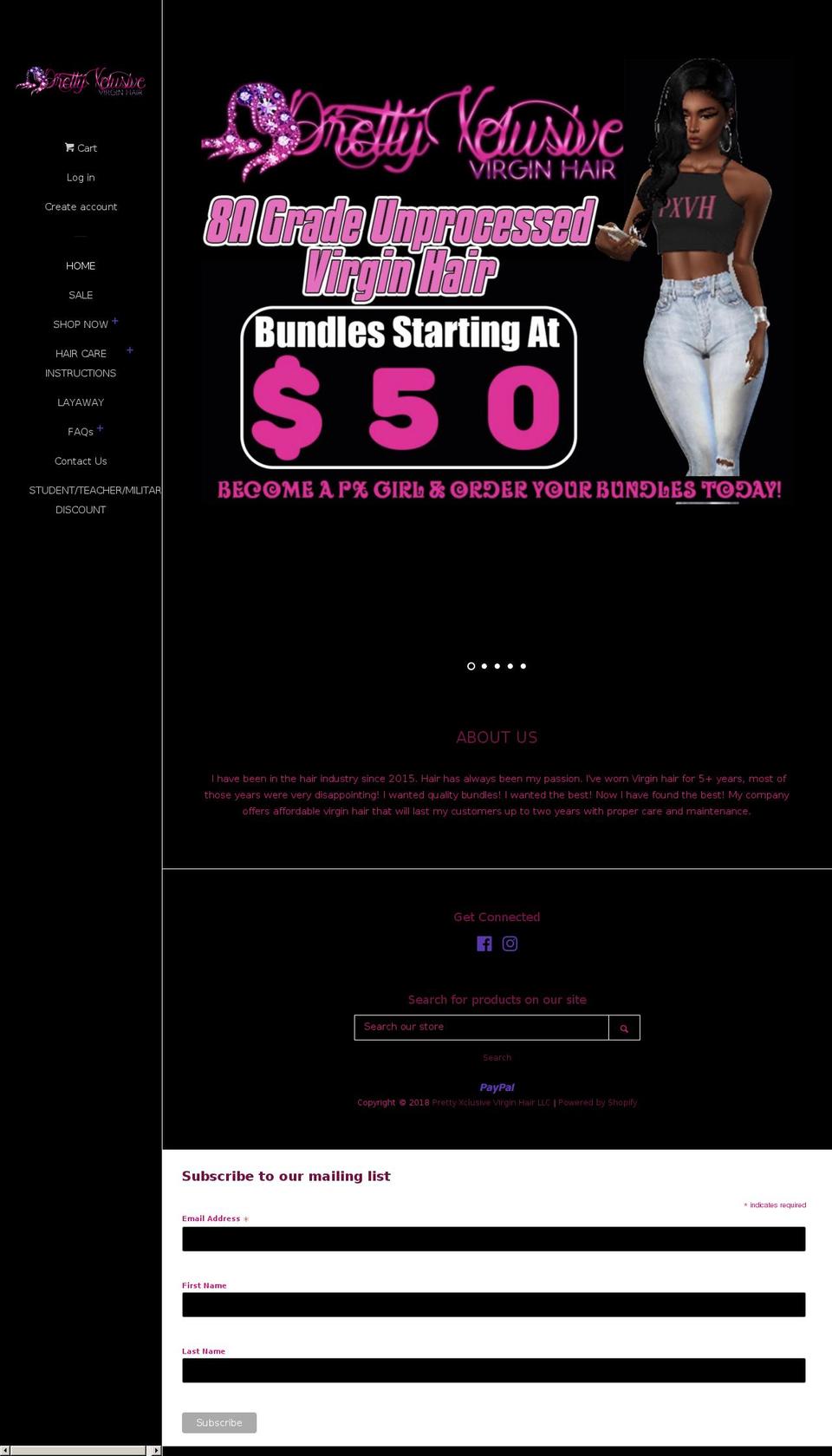 prettyxclusivevirginhair.com — Shopify storefront screenshot