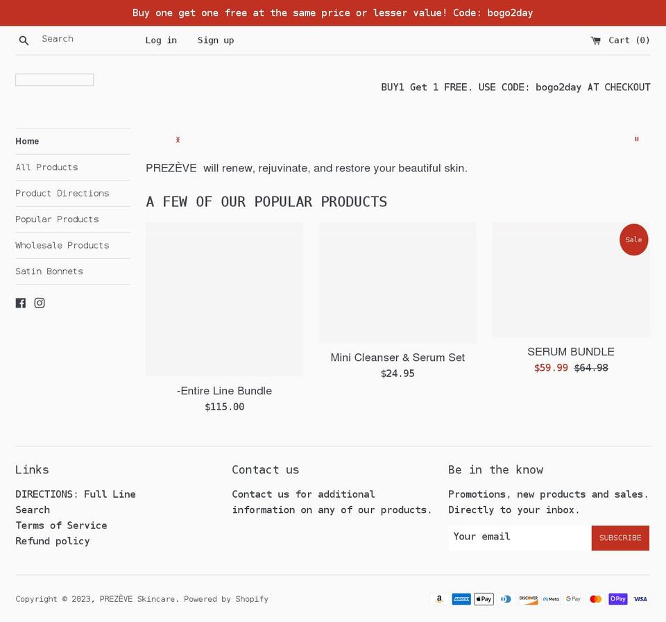 prezeveskincare.com shopify website screenshot